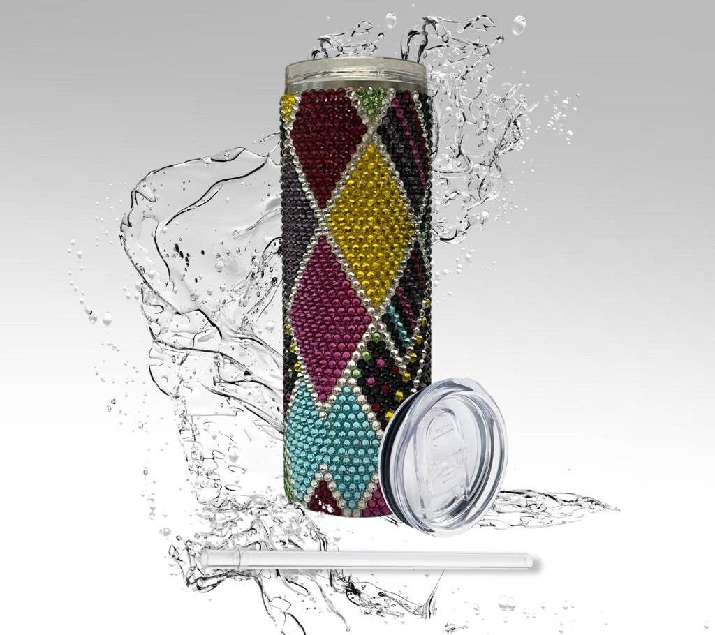 Rhinestone Tumbler: Multi Diamonds, 20 oz Rhinestone Bling Skinny Tumbler