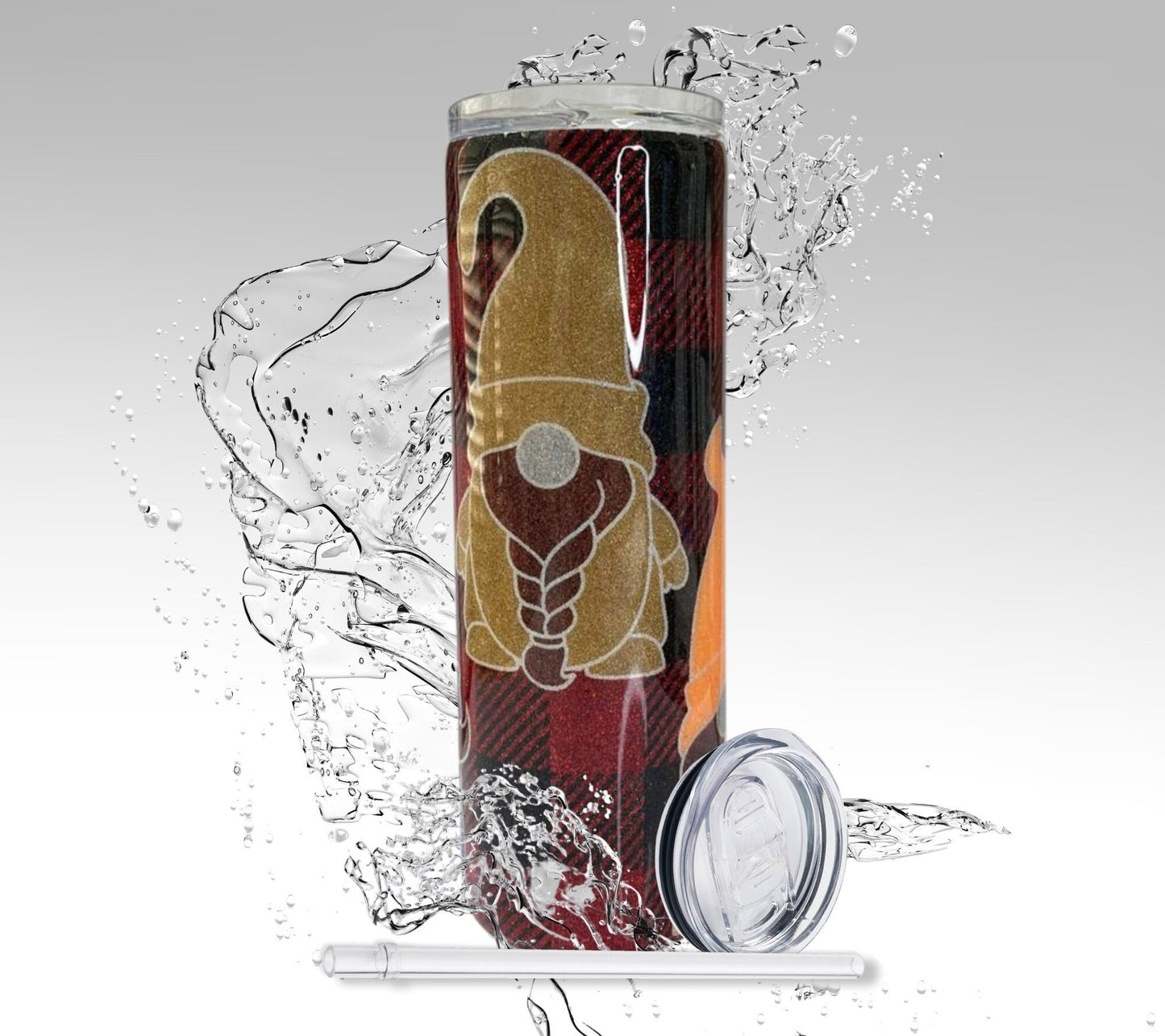 Buffalo Plaid Gnomes, Glitter Epoxy 20 oz Skinny Tumbler