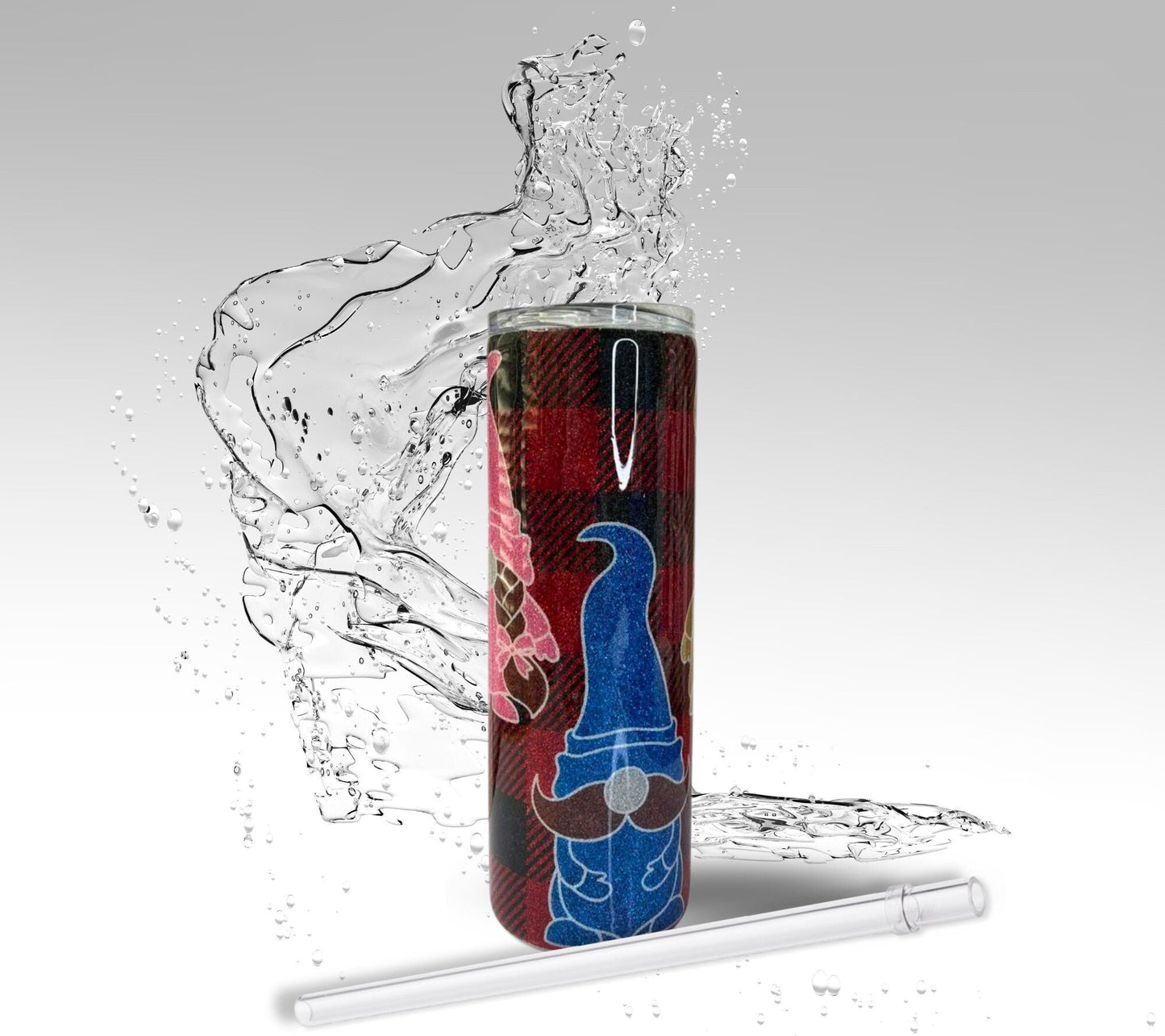 Buffalo Plaid Gnomes, Glitter Epoxy 20 oz Skinny Tumbler