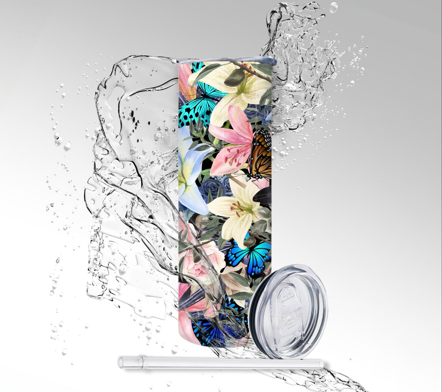 Butterflies & Flowers Skull, Sublimated 20 oz Skinny Tumbler