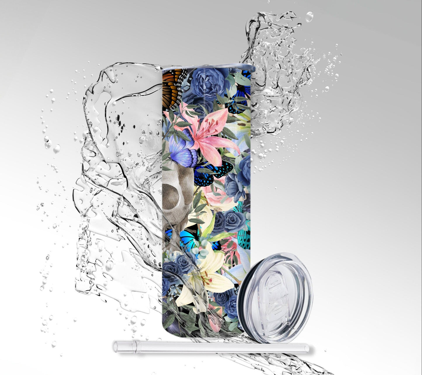 Butterflies & Flowers Skull, Sublimated 20 oz Skinny Tumbler