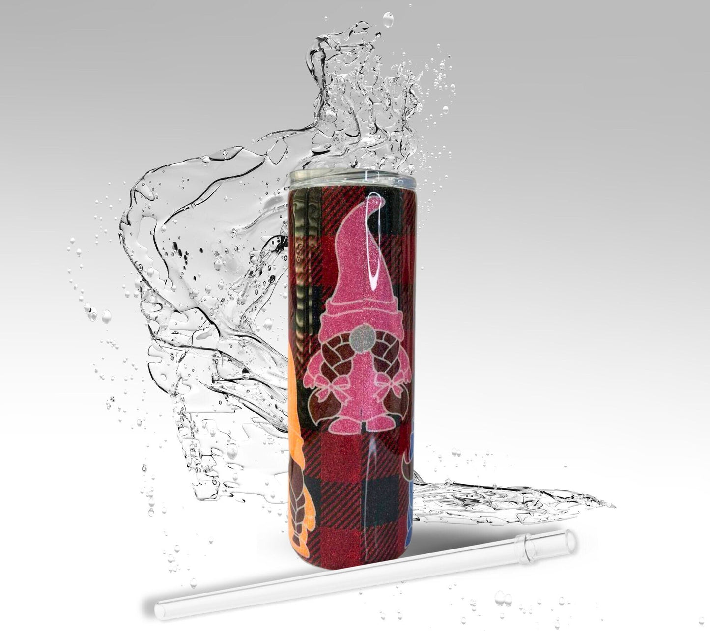 Buffalo Plaid Gnomes, Glitter Epoxy 20 oz Skinny Tumbler