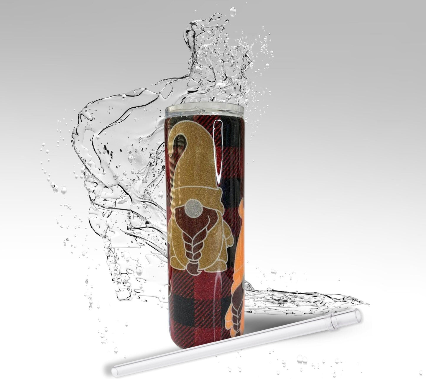 Buffalo Plaid Gnomes, Glitter Epoxy 20 oz Skinny Tumbler