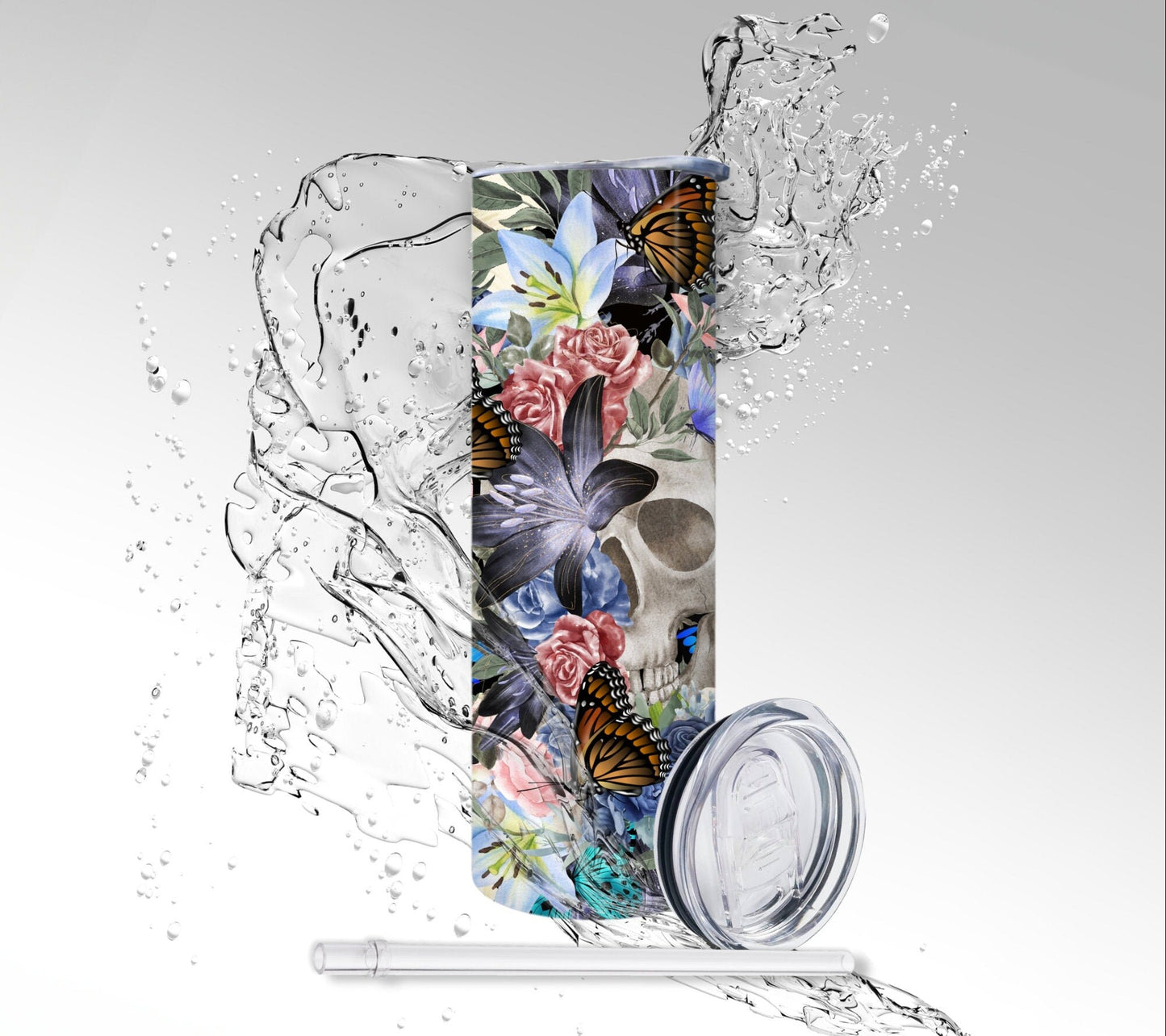 Butterflies & Flowers Skull, Sublimated 20 oz Skinny Tumbler