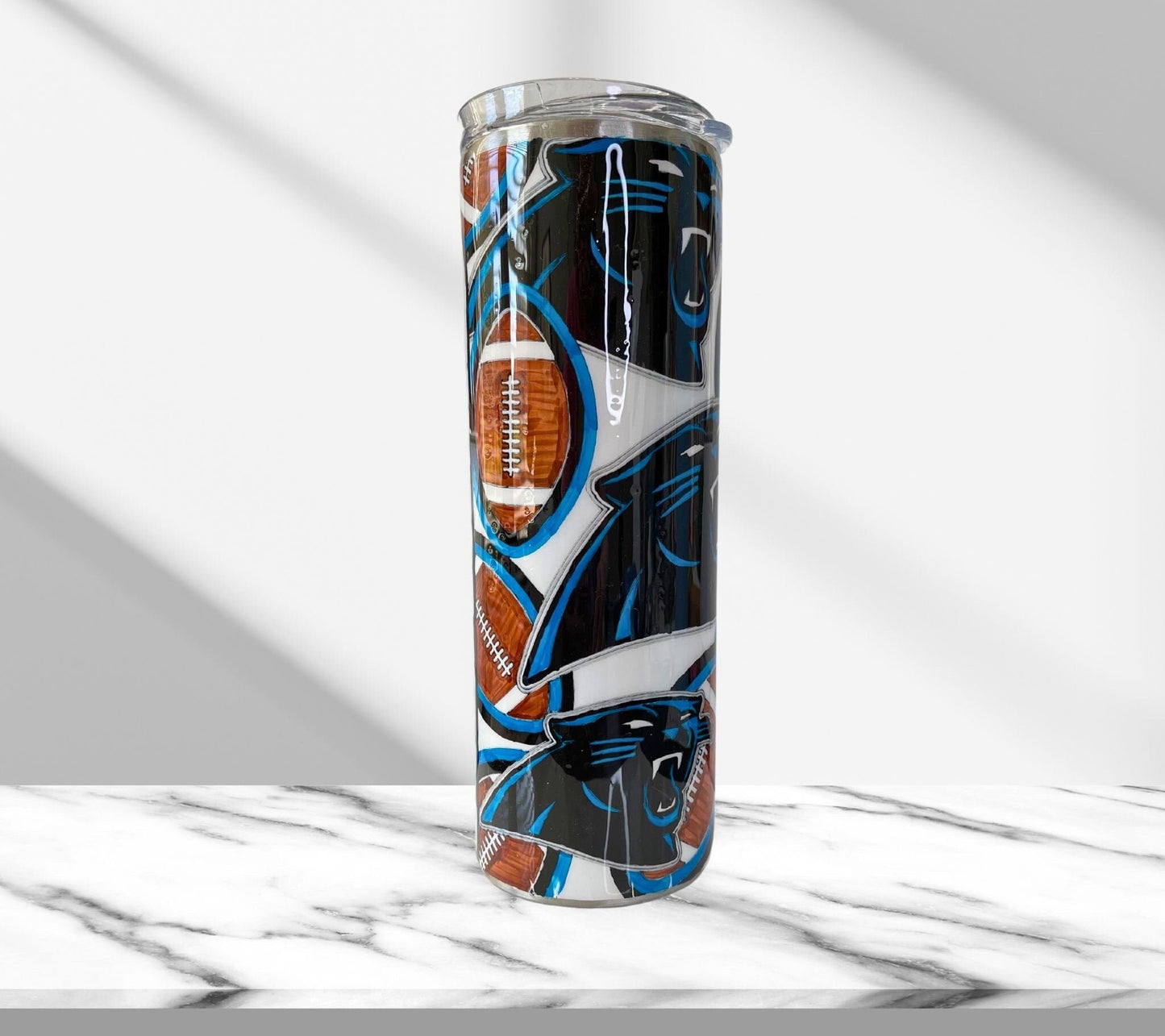 Hand Colored Carolina Panthers Tumbler, Stainless Steel Drinking Cup