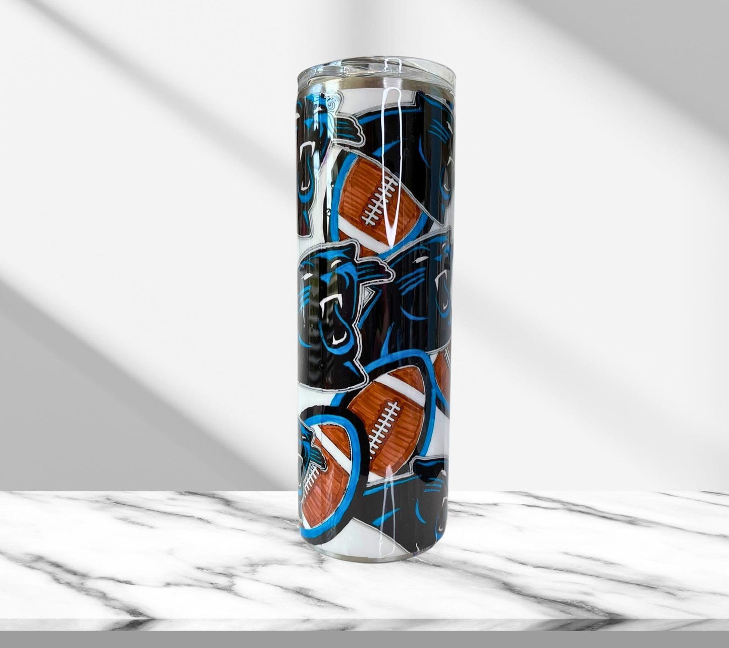 Hand Colored Carolina Panthers Tumbler, Stainless Steel Drinking Cup