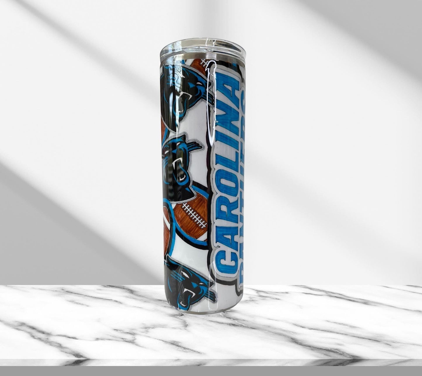 Hand Colored Carolina Panthers Tumbler, Stainless Steel Drinking Cup