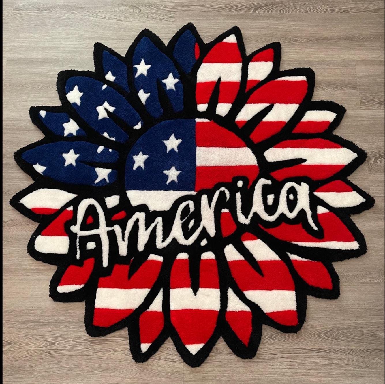 Patriotic Sunflower Tufted Rug β 45β Handmade American Flag Design