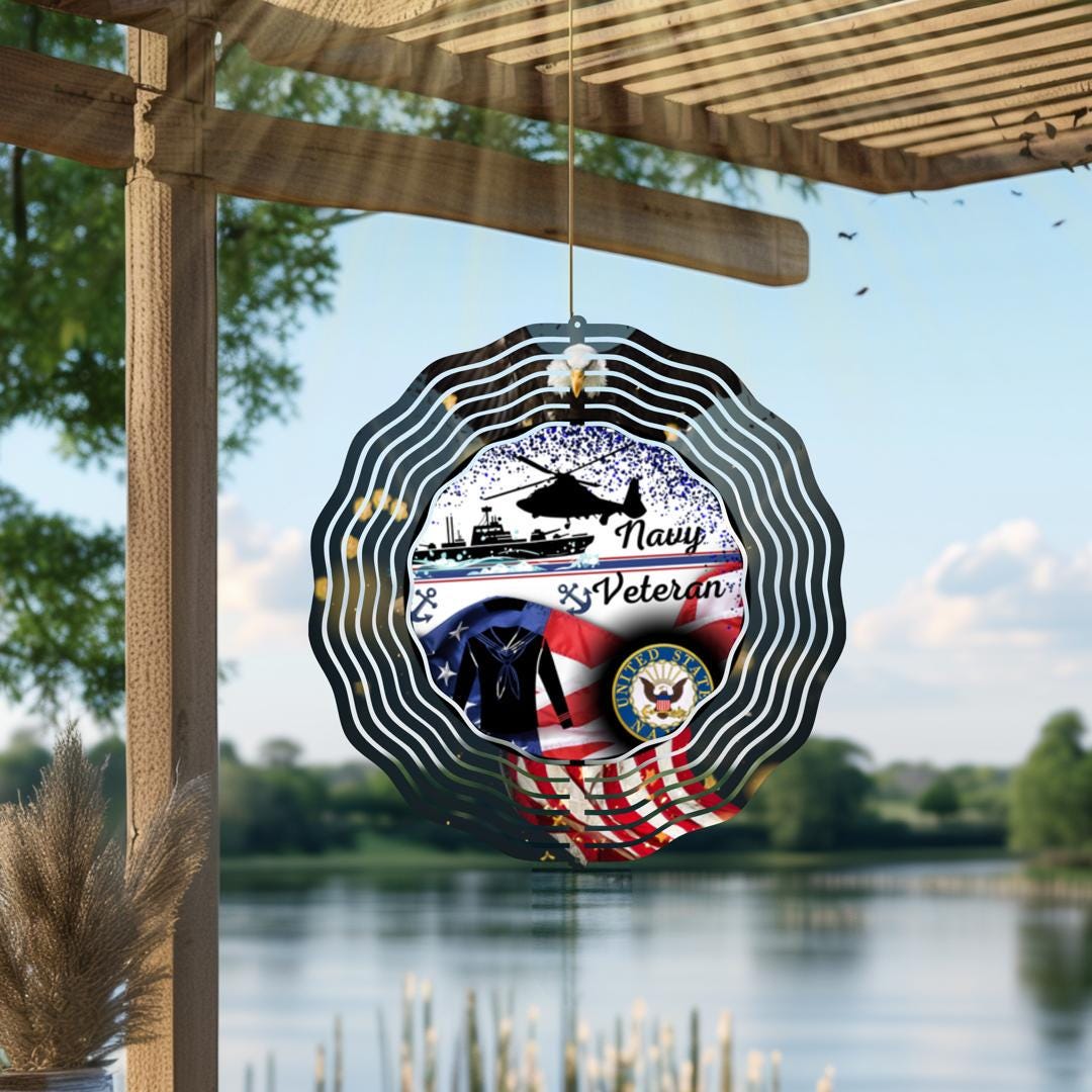Navy Veteran Wind Spinner | American Flag Patriotic Outdoor Metal Art | Military Memorial Garden Decor | USA Veterans Gift