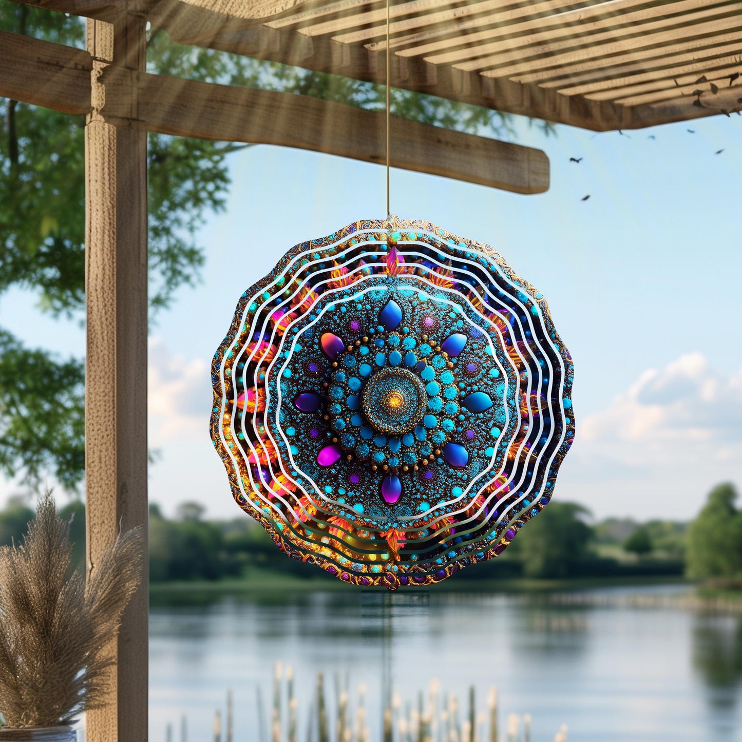 Mandala Wind Spinner | Boho Metal Garden Art, Zen Decor