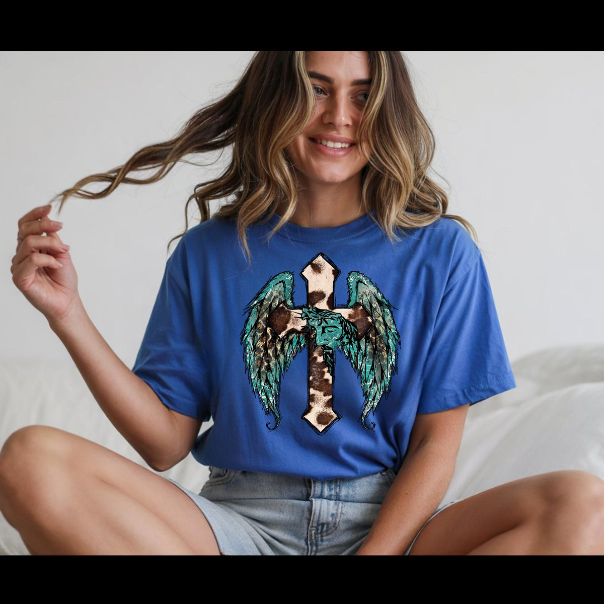 Western Cross with Angel Wings Shirt | Cow Print Christian Tee | Turquoise Faith Shirt