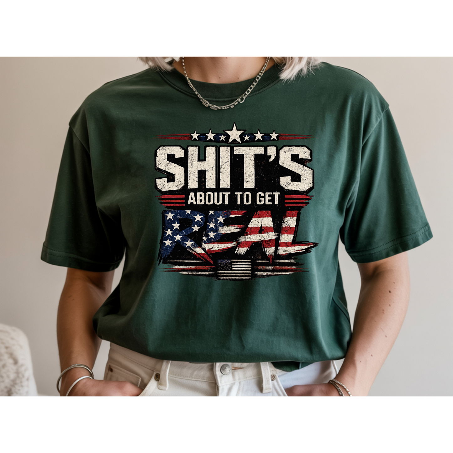 🇺🇸 Sh*t's About To Get Real Shirt | Funny Patriotic Graphic Tee | USA Flag Statement Shirt | Bold Fourth of July Apparel