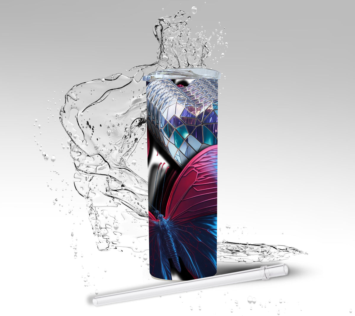 3D Glass Hearts & Butterflies, Sublimation Insultated Tumbler