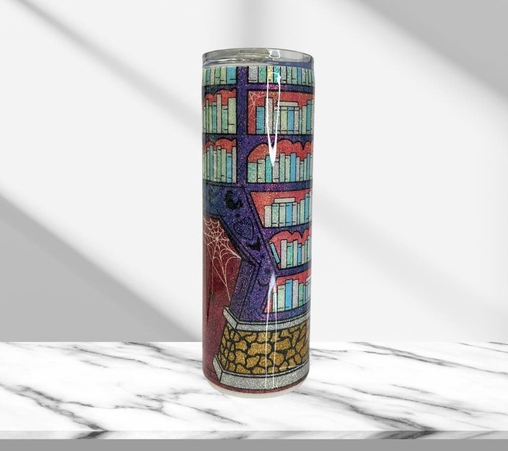 Spooky Halloween Library, Glitter Epoxy 20 oz Skinny Tumbler