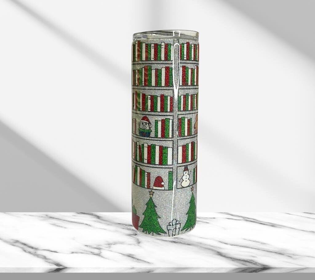 Christmas Library, Glitter Epoxy 20 oz Skinny Tumbler