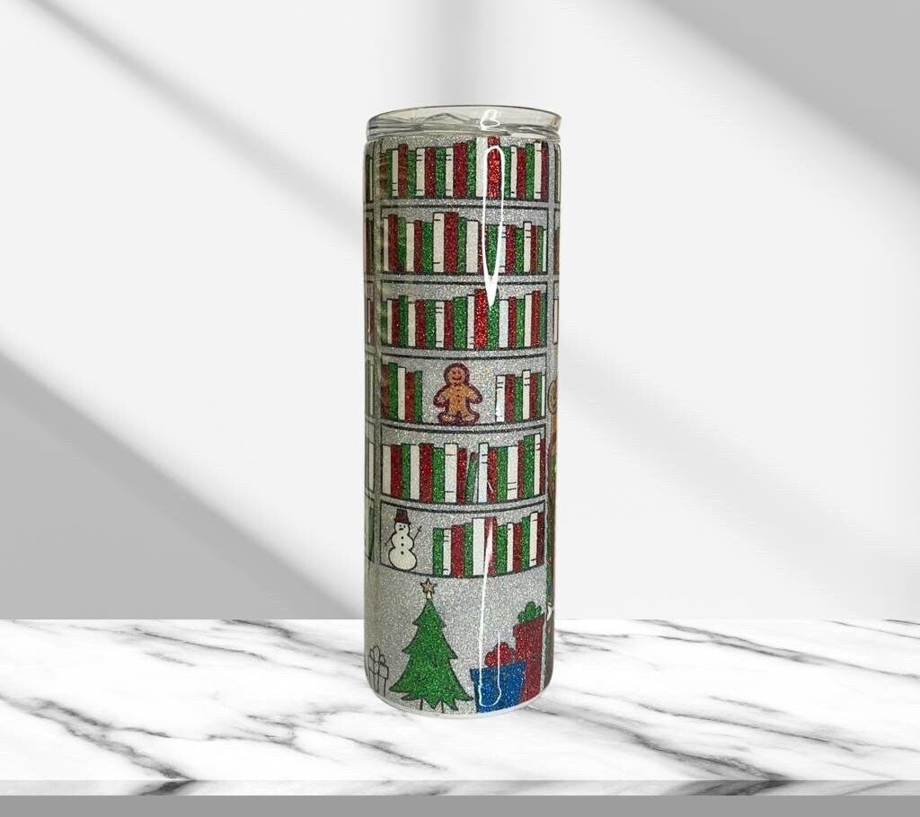 Christmas Library, Glitter Epoxy 20 oz Skinny Tumbler