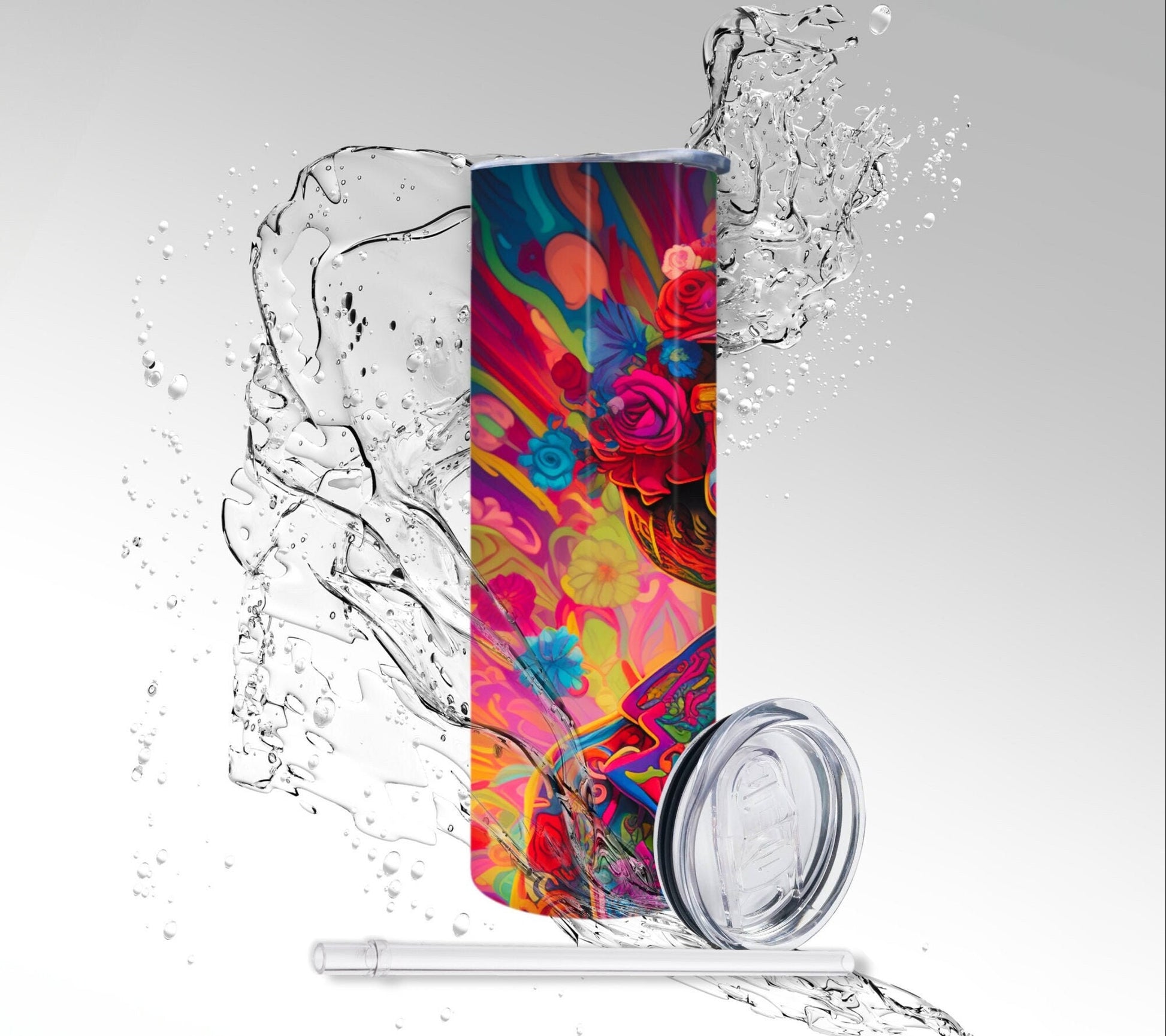 60’s Flower Child Skeleton, Sublimated 20 oz Skinny Tumbler
