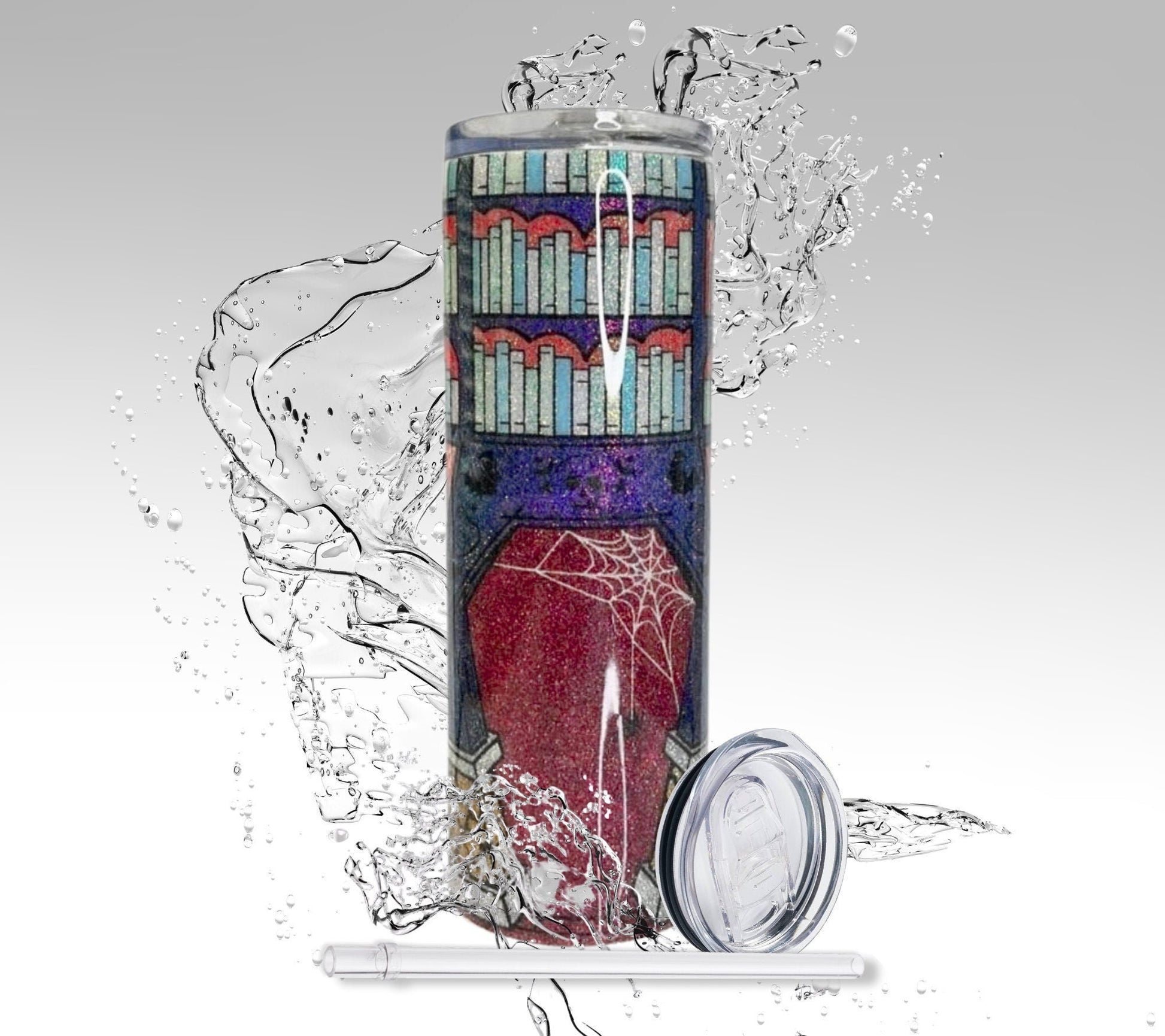 Spooky Halloween Library, Glitter Epoxy 20 oz Skinny Tumbler