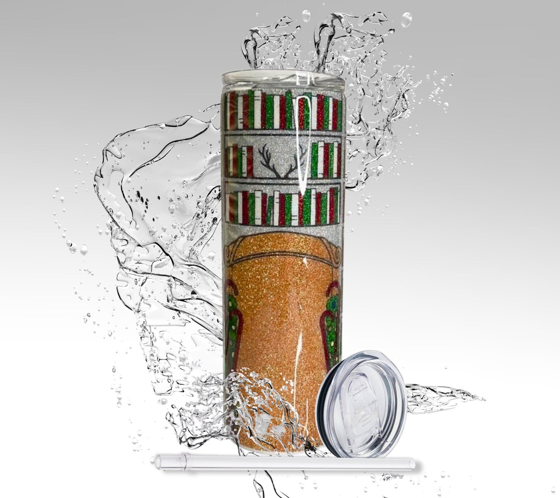 Christmas Library, Glitter Epoxy 20 oz Skinny Tumbler