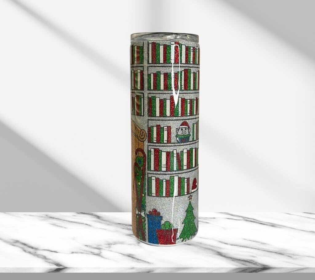 Christmas Library, Glitter Epoxy 20 oz Skinny Tumbler