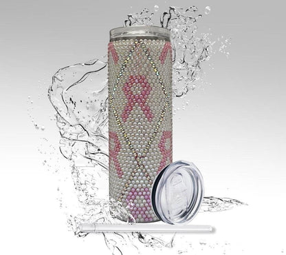 Rhinestone Tumbler: Breast Cancer Awareness, 20 oz Rhinestone Bling Skinny Tumbler