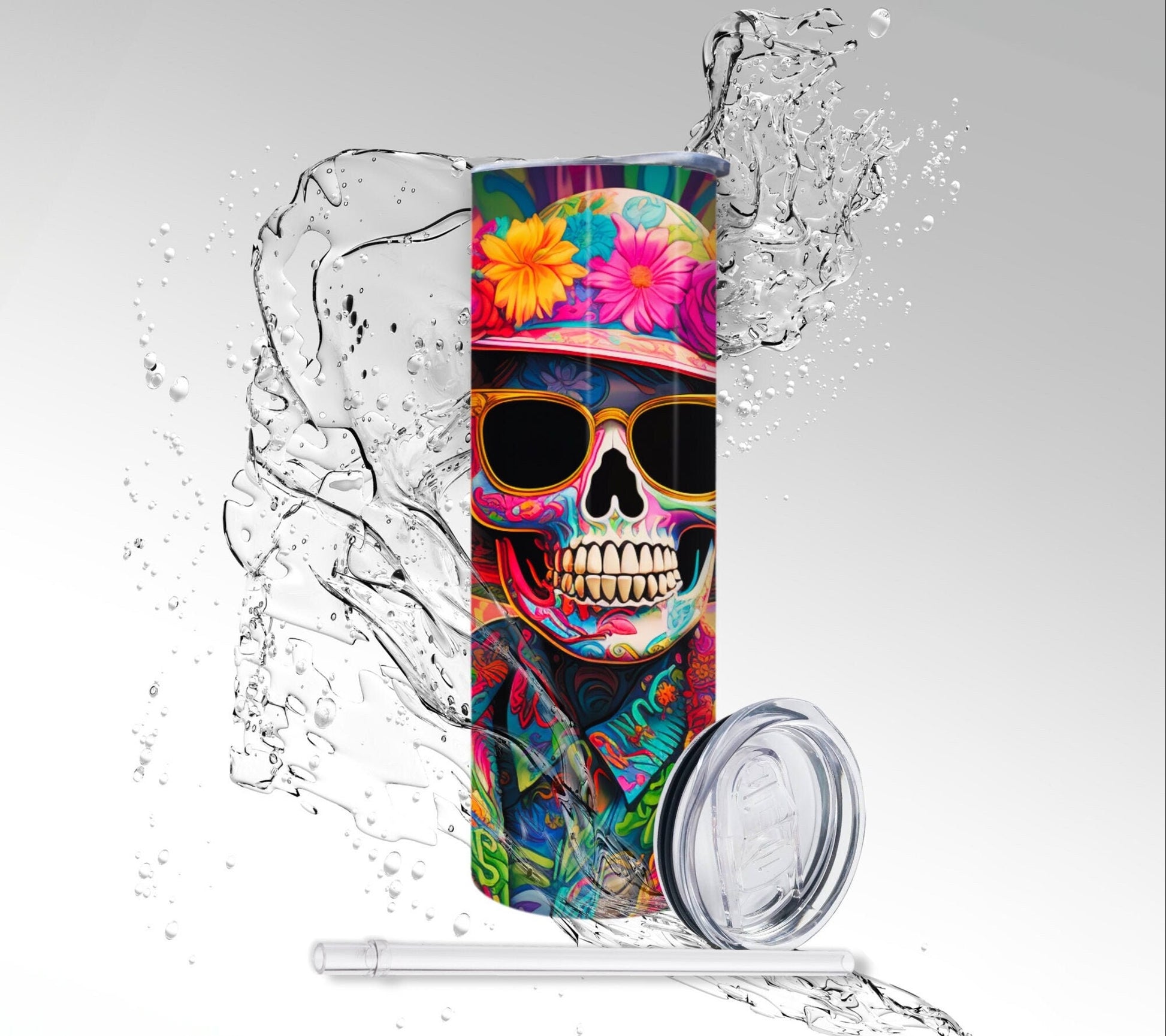 60’s Flower Child Skeleton, Sublimated 20 oz Skinny Tumbler