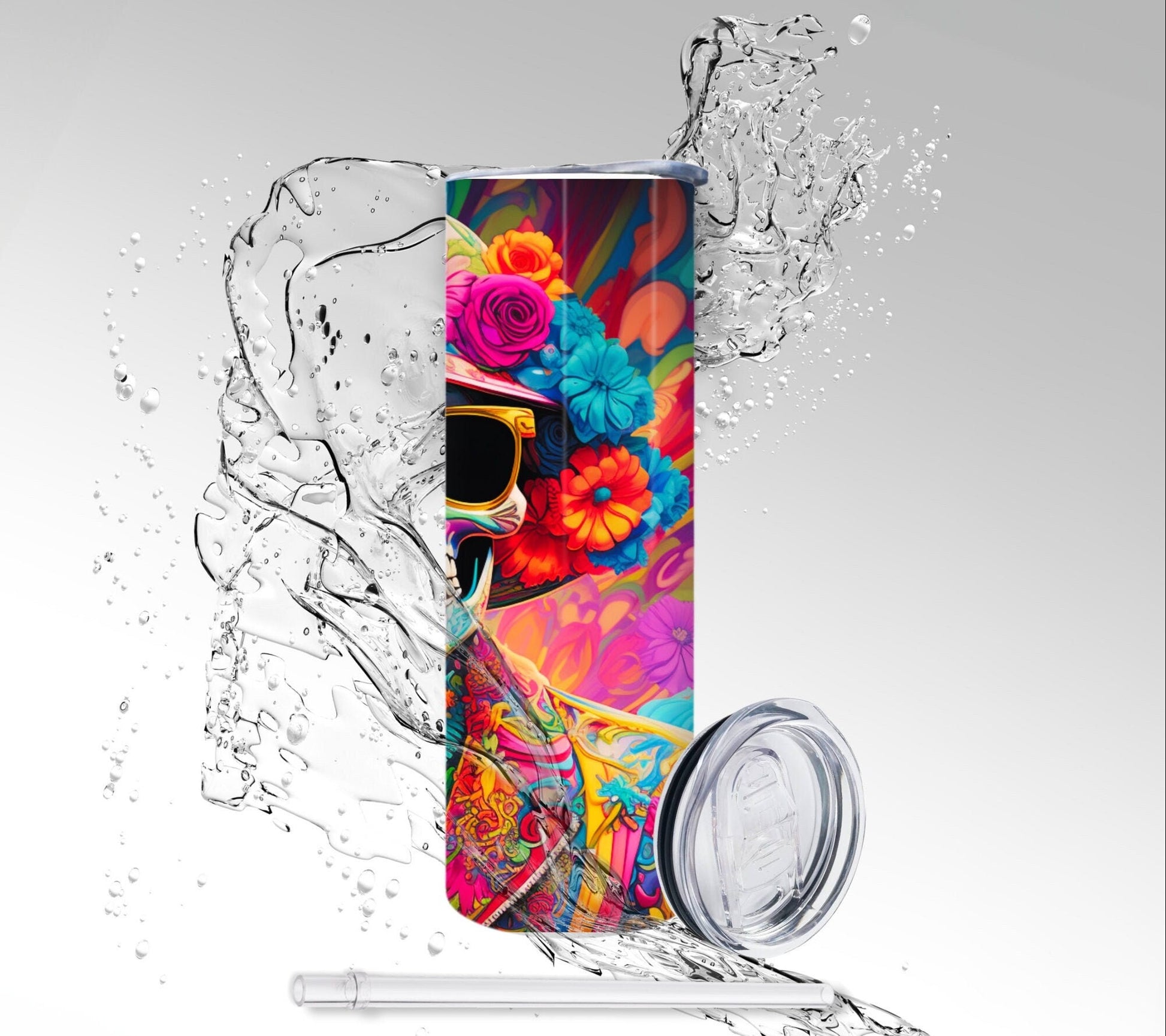 60’s Flower Child Skeleton, Sublimated 20 oz Skinny Tumbler
