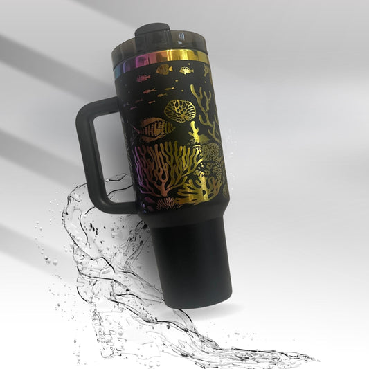 Sea Life Laser Engraved 40oz Tumbler with Handle | Rainbow Powder Coat Magic | Ocean Lover Gift