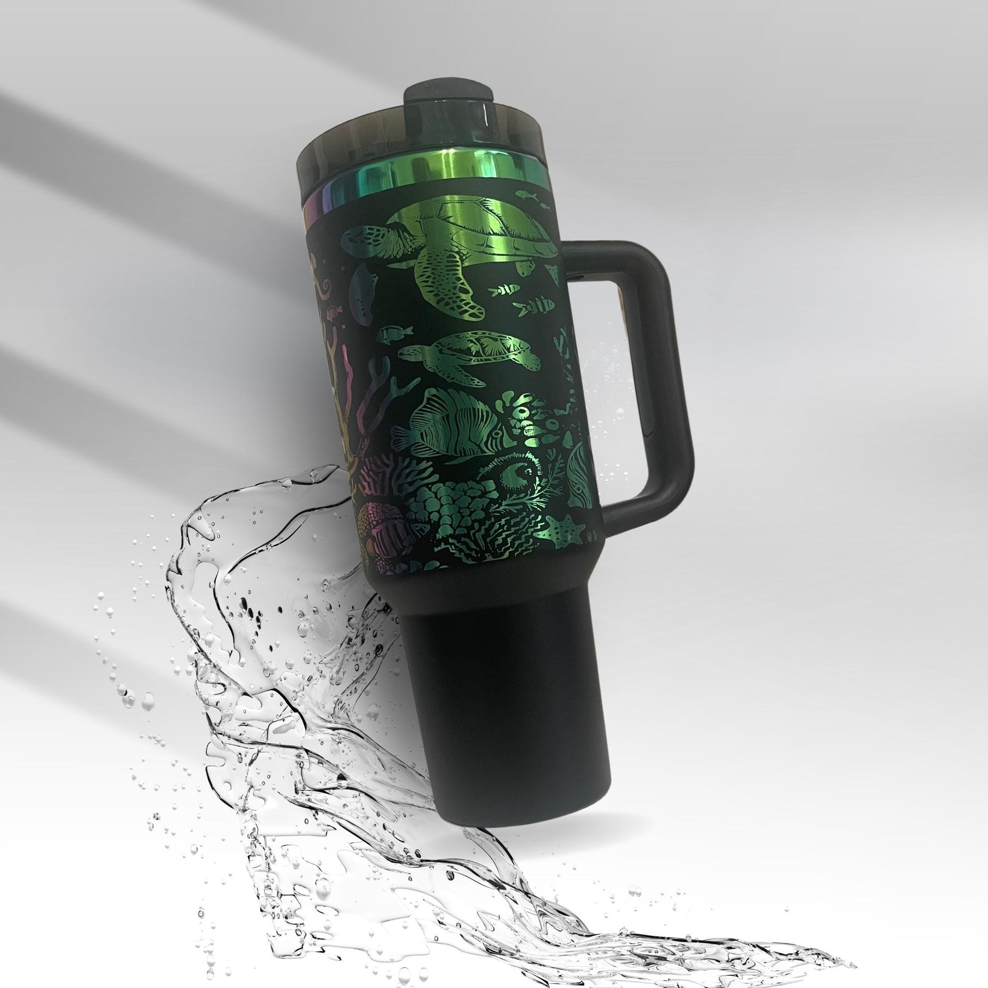 Sea Life Laser Engraved 40oz Tumbler with Handle | Rainbow Powder Coat Magic | Ocean Lover Gift