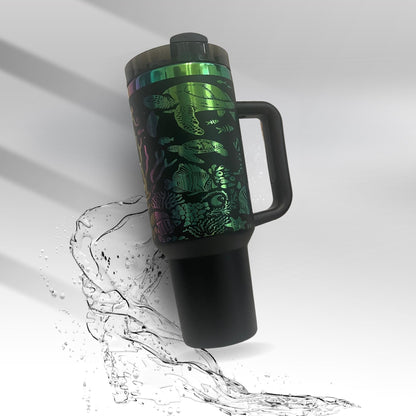 Sea Life Laser Engraved 40oz Tumbler with Handle | Rainbow Powder Coat Magic | Ocean Lover Gift