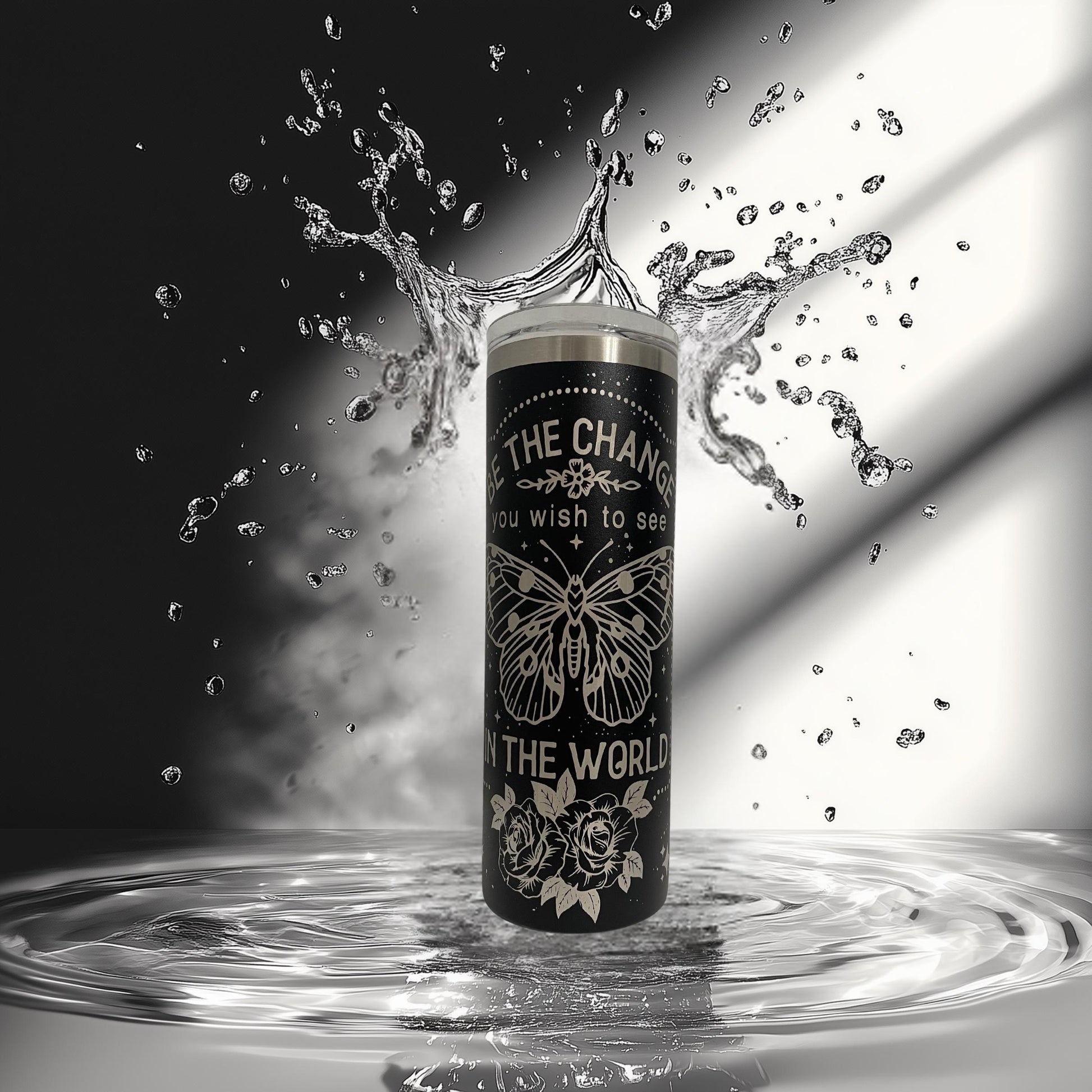 Be The Change Tumbler | Butterfly Laser Engraved 20oz | Inspirational Gift | Hot Cold Drinkware | Veteran Made