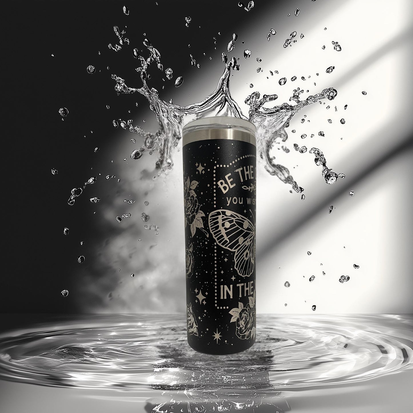 Be The Change Tumbler | Butterfly Laser Engraved 20oz | Inspirational Gift | Hot Cold Drinkware | Veteran Made