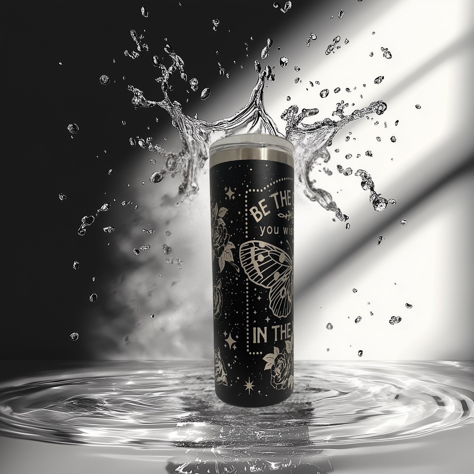 Be The Change Tumbler | Butterfly Laser Engraved 20oz | Inspirational Gift | Hot Cold Drinkware | Veteran Made