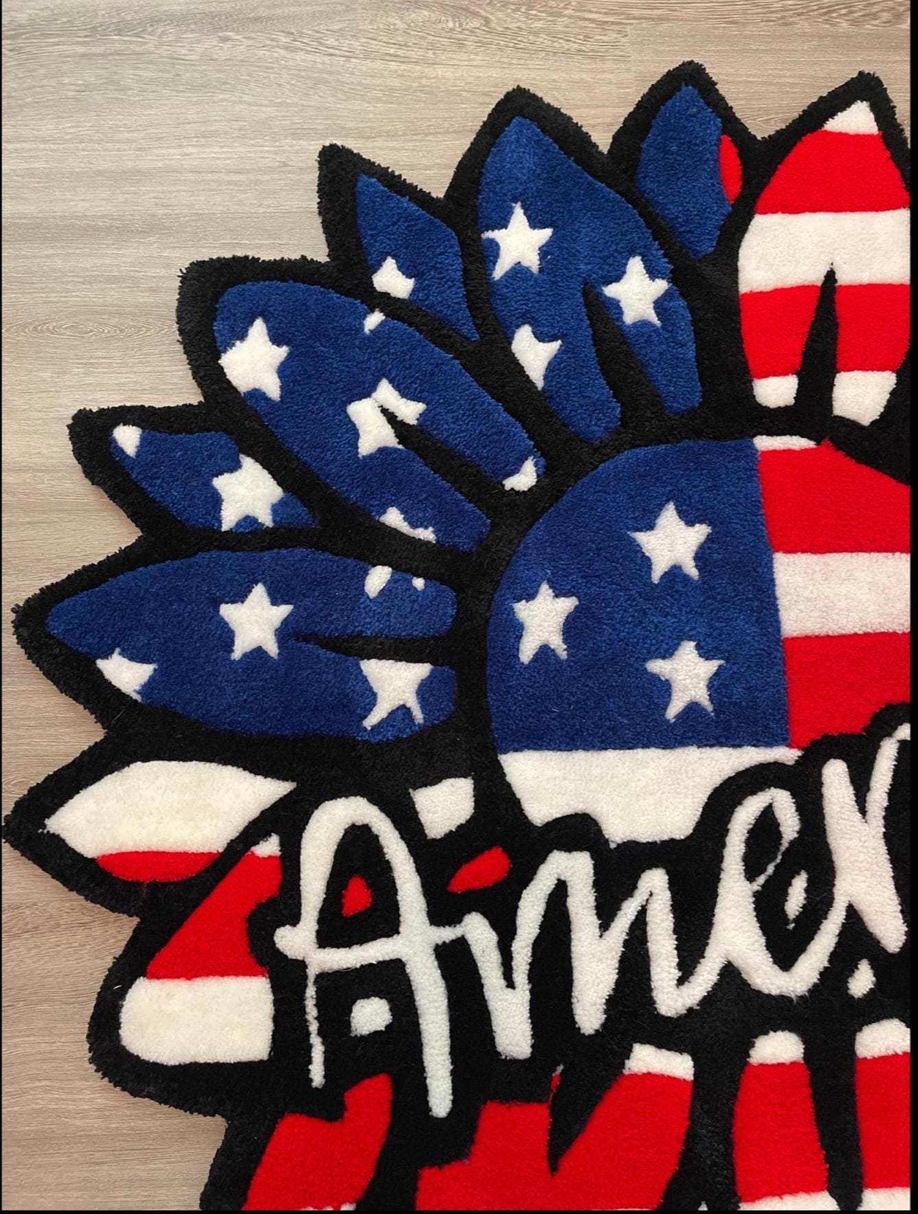 Patriotic Sunflower Tufted Rug – 45” Handmade American Flag Design