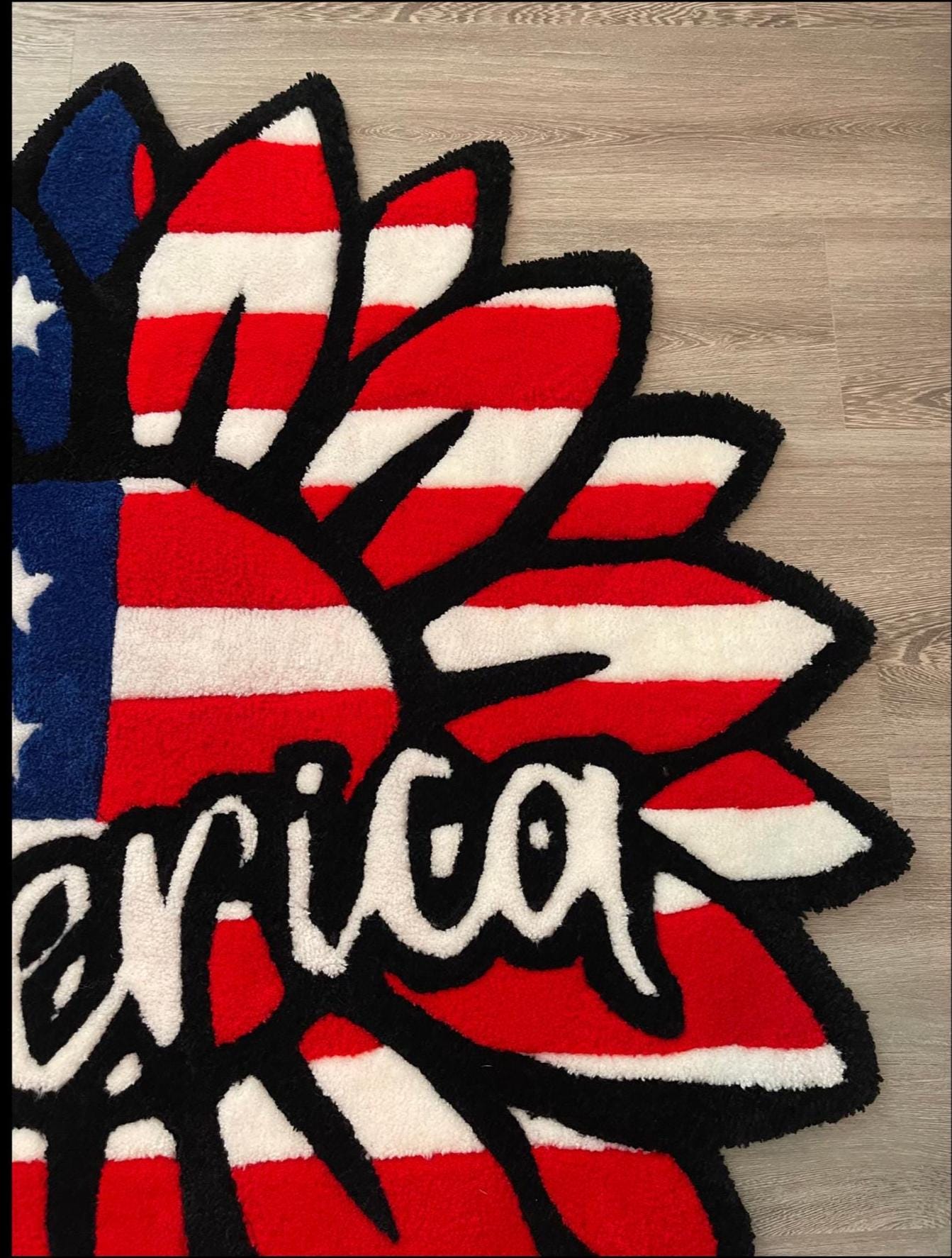 Patriotic Sunflower Tufted Rug – 45” Handmade American Flag Design