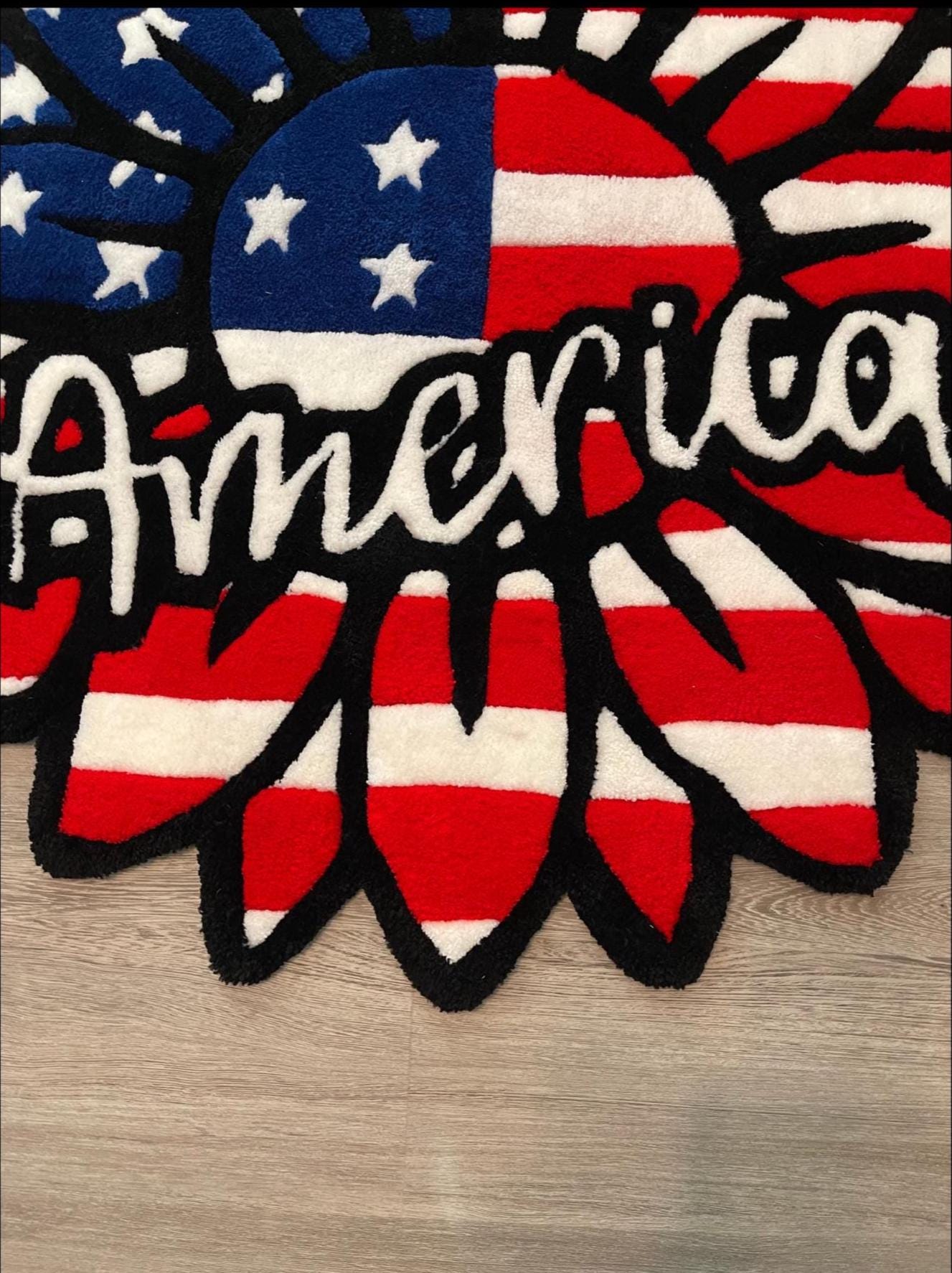 Patriotic Sunflower Tufted Rug – 45” Handmade American Flag Design