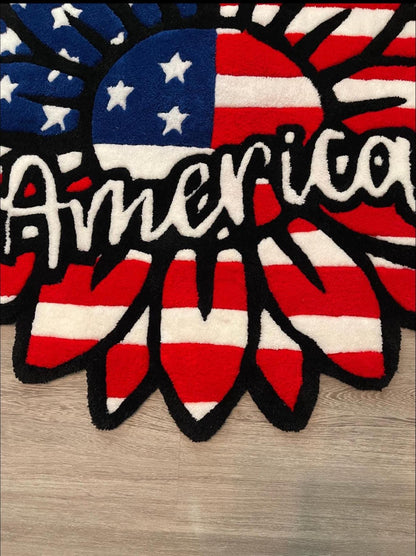 Patriotic Sunflower Tufted Rug – 45” Handmade American Flag Design