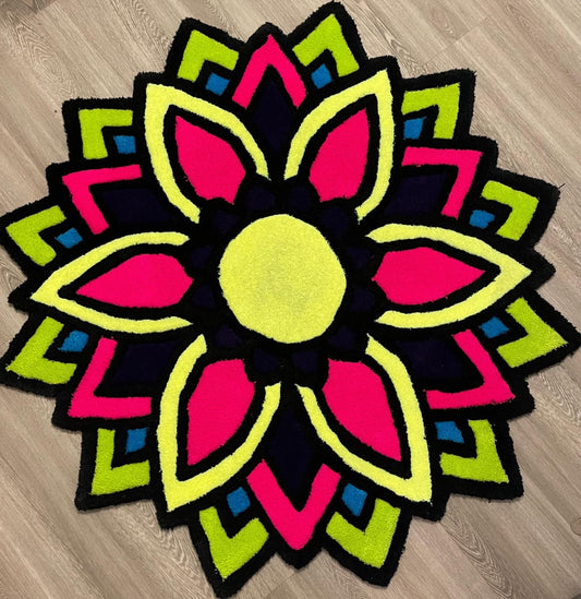 Neon Bloom Tufted Rug – 45” Vibrant Handmade Flower Design