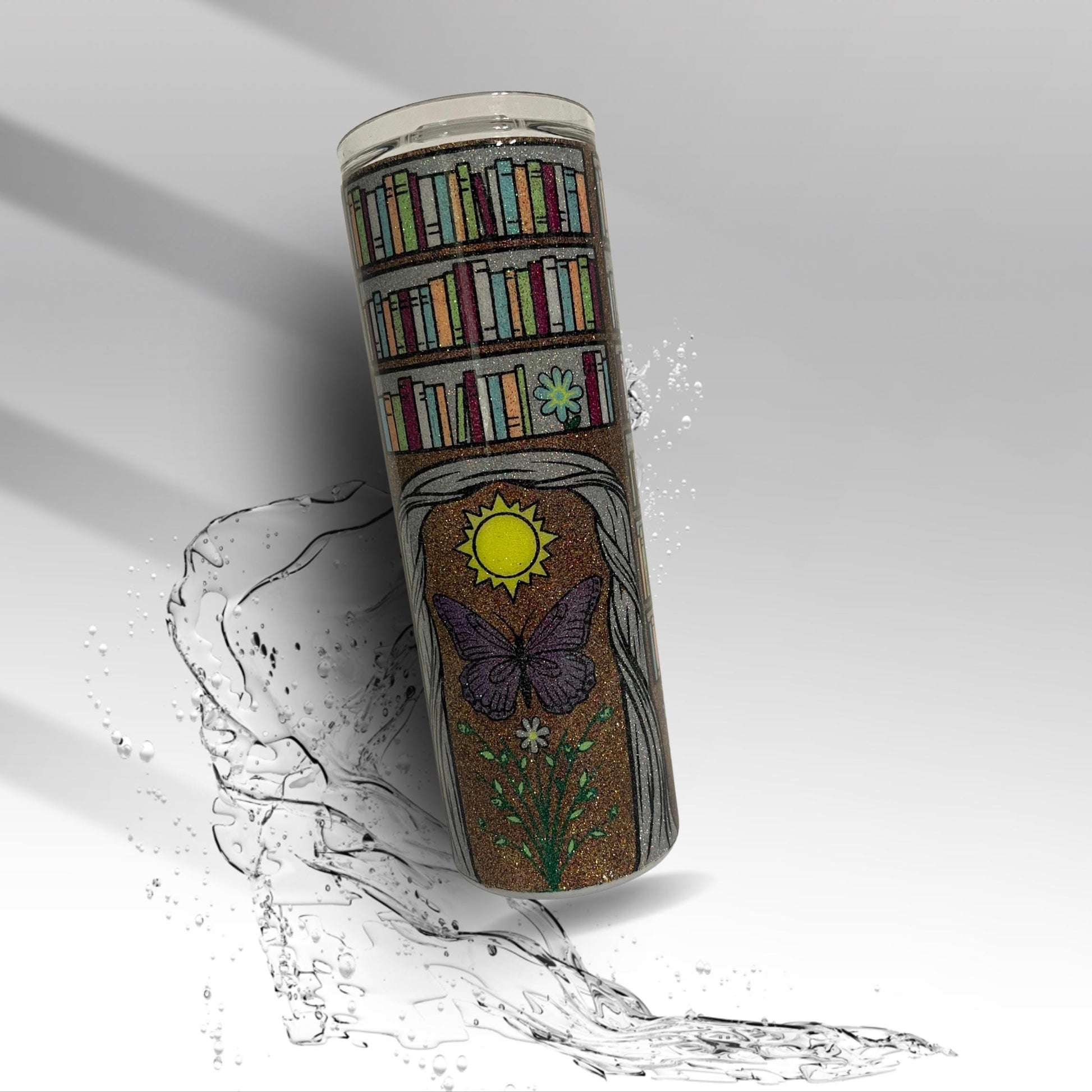 Butterfly Library Tumbler: Glitter Epoxy Stainless Steel Book Lover Gift