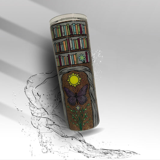 Butterfly Library Tumbler: Glitter Epoxy Stainless Steel Book Lover Gift