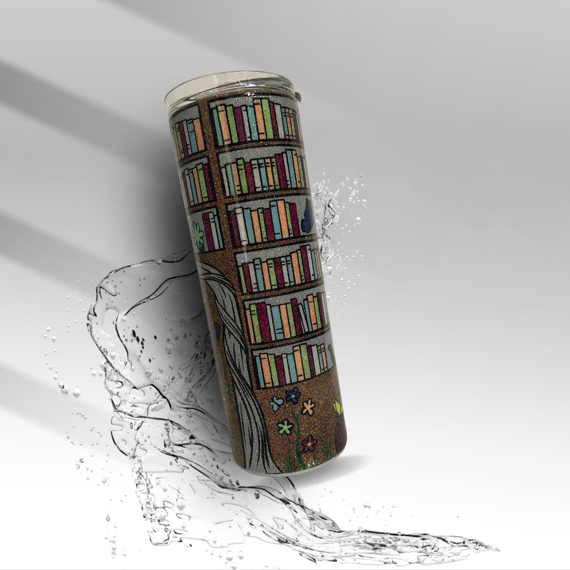 Butterfly Library Tumbler: Glitter Epoxy Stainless Steel Book Lover Gift