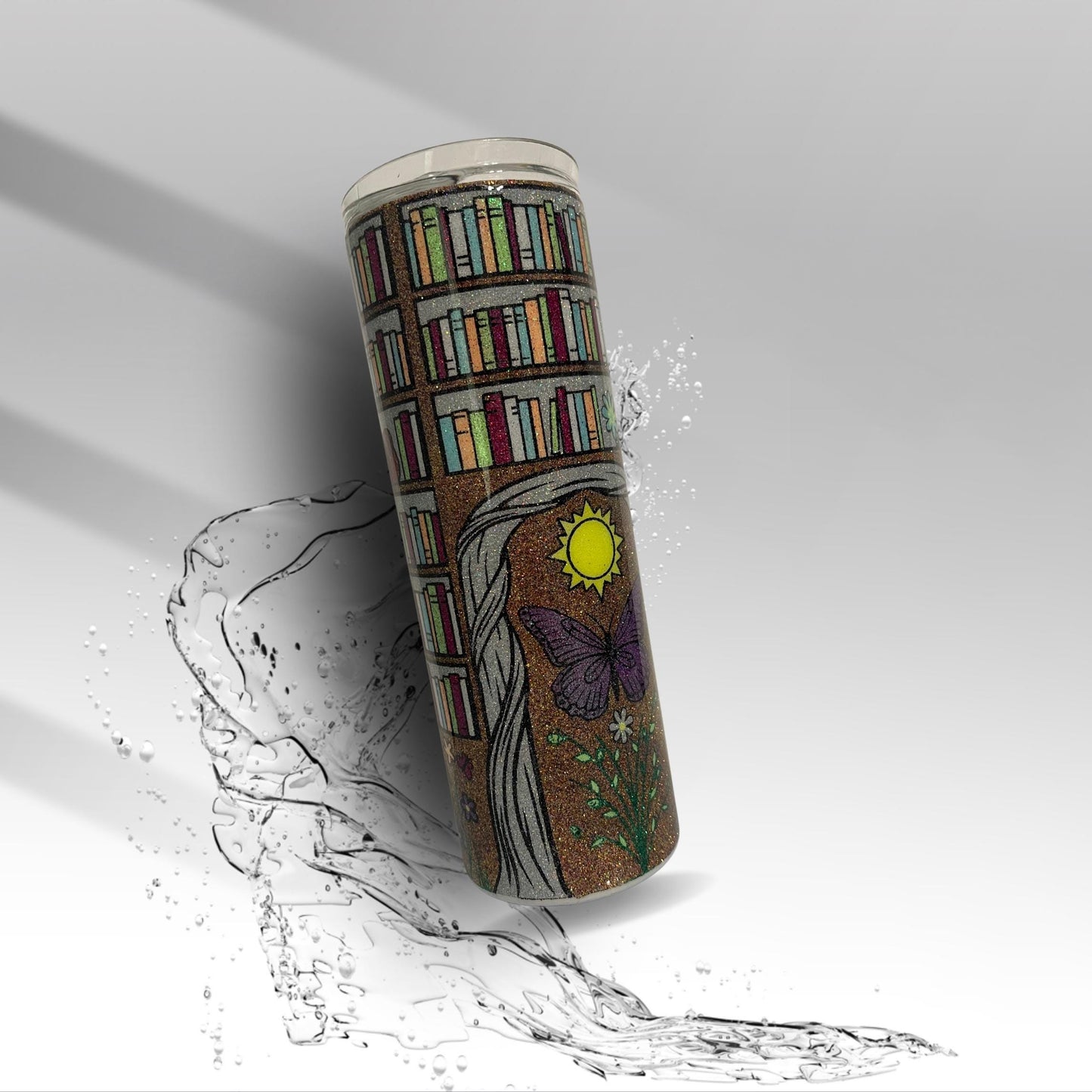 Butterfly Library Tumbler: Glitter Epoxy Stainless Steel Book Lover Gift