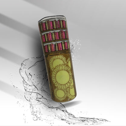 Sunflower Library Tumbler: Glitter Epoxy Stainless Steel Book Lover Mug