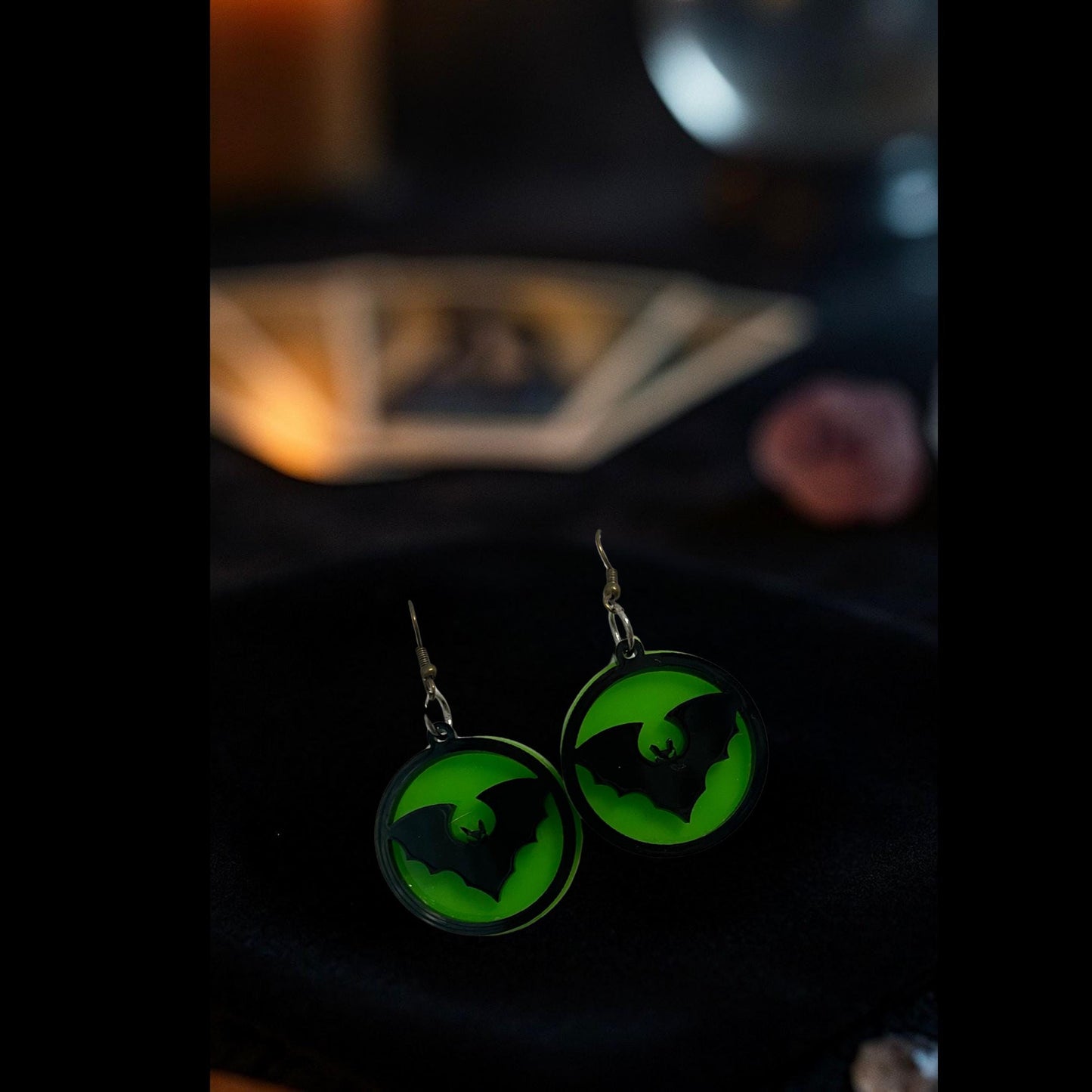 Glow Green Acrylic Bat Earrings: Spooky Halloween Dangle Jewelry