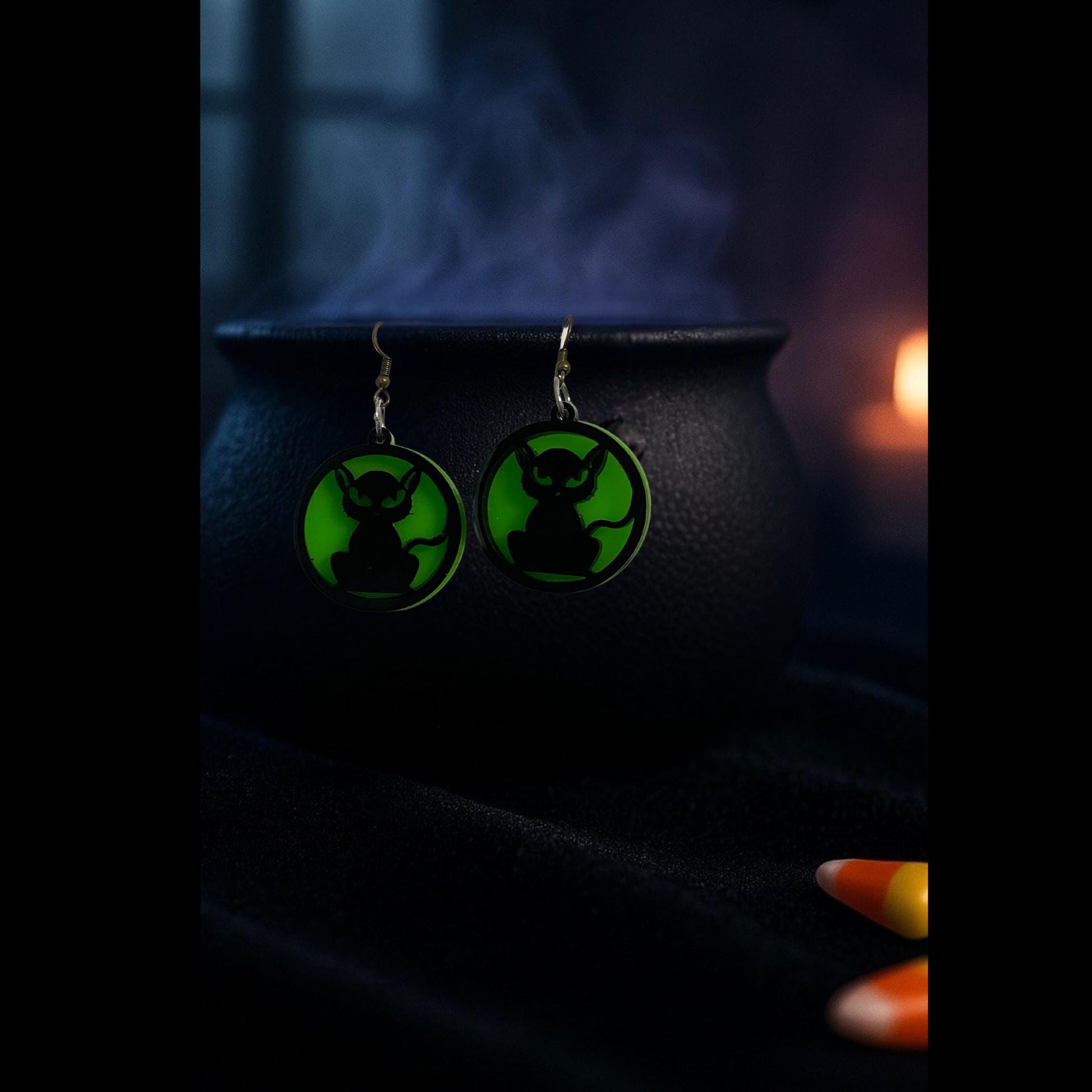 Glow Green Acrylic Cat Earrings | Handmade Halloween Jewelry
