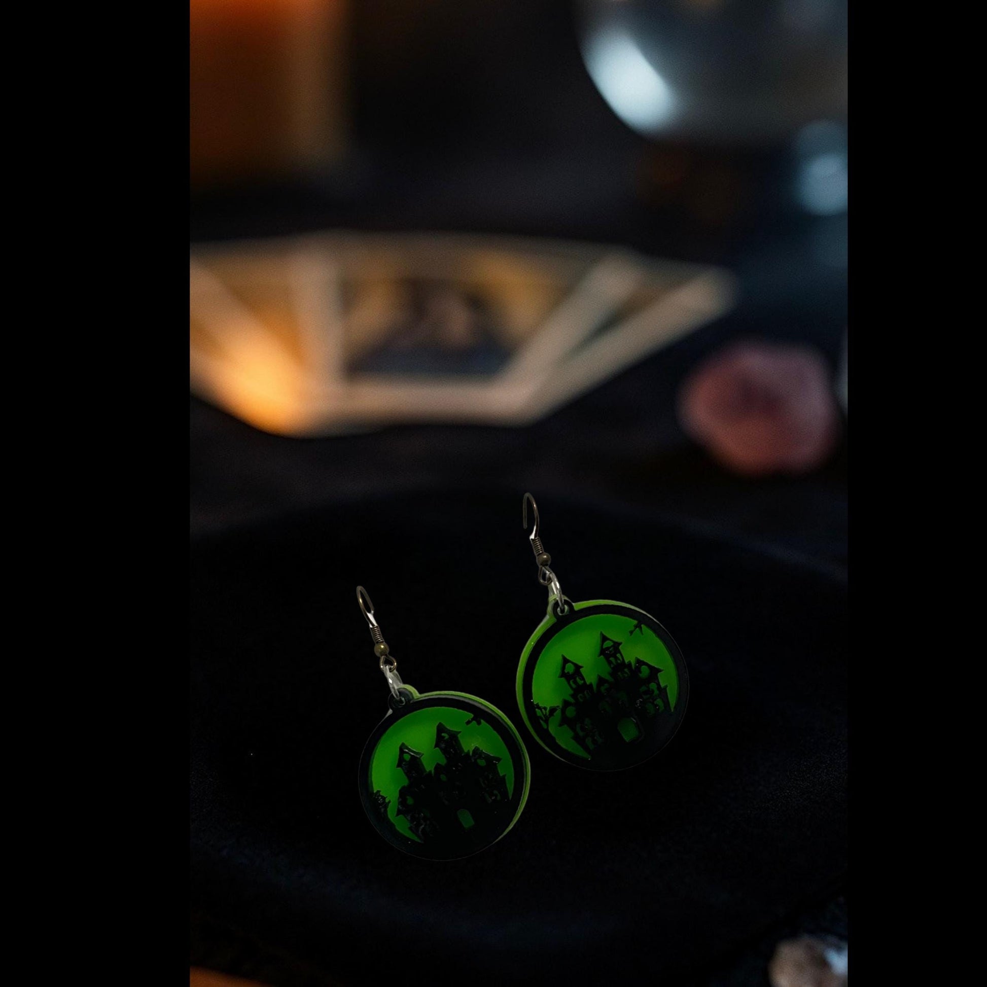 Glow Green Haunted House Earrings | Halloween Acrylic Dangle Jewelry