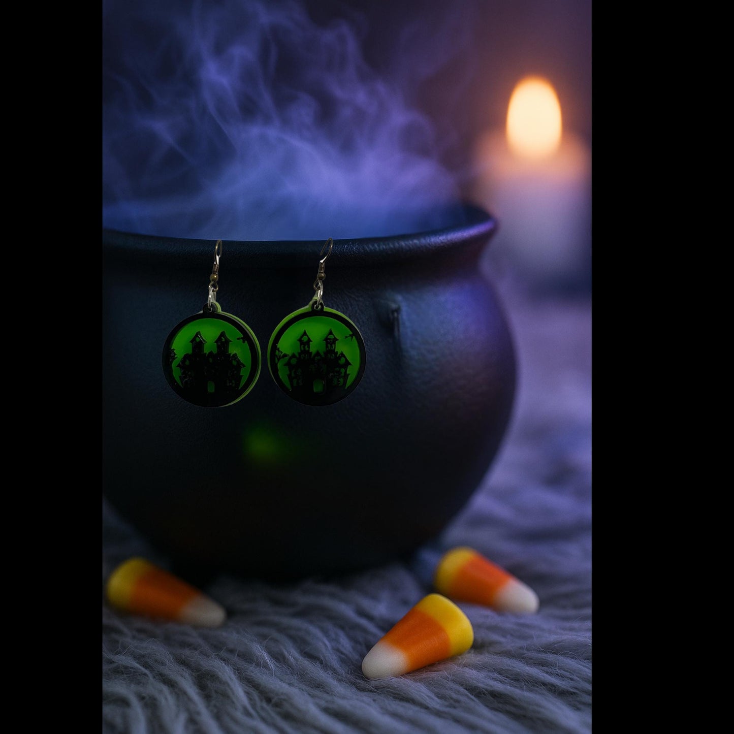 Glow Green Haunted House Earrings | Halloween Acrylic Dangle Jewelry
