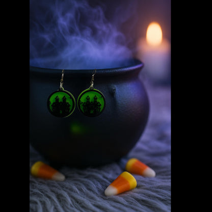 Glow Green Haunted House Earrings | Halloween Acrylic Dangle Jewelry