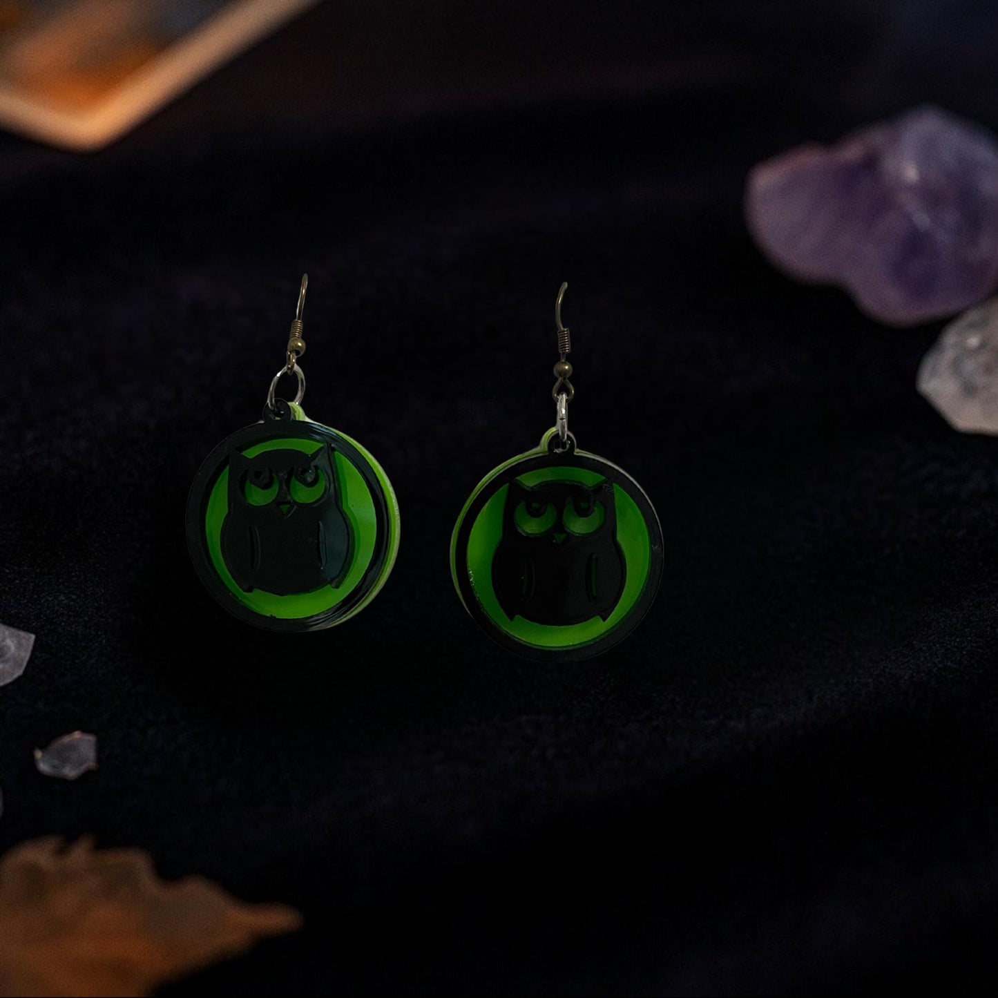 Glow Green Owl Halloween Earrings | Spooky Witchy Jewelry