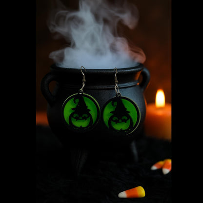 Glow Green Pumpkin Witch Hat Earrings | Handmade Acrylic Halloween Jewelry